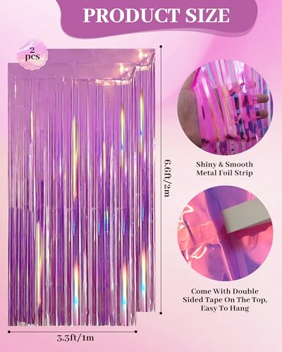 2 Pack Iridescent Rose Pink Party Streamers Backdrop - Holographic Fringe Curtains for Events
