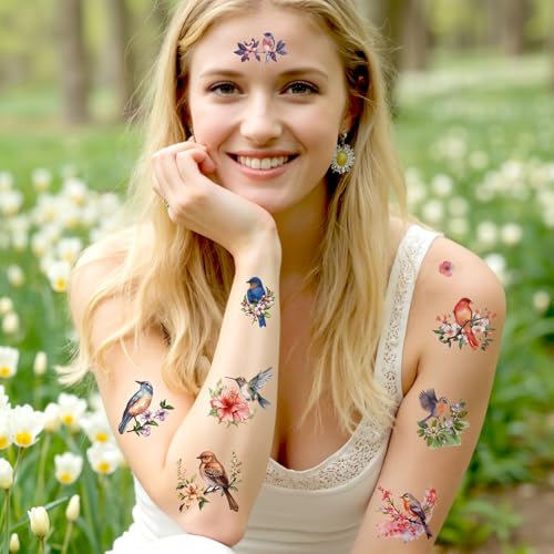 Konsait Bird Temporary Tattoos for Kids - 10 Sheets Hummingbird and Flower Fake Tattoos for Party Favors