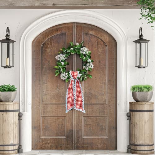 Blue Red Buffalo Plaid Wreath Sash - 54.33" Satin Tie for Front Door