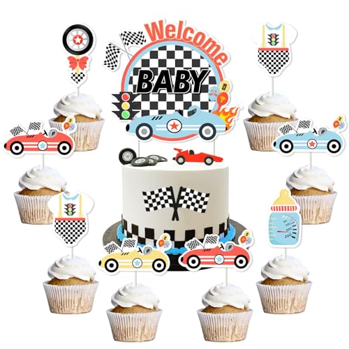 Vintage Race Car Baby Shower Cake Topper Set - 1 Cake Topper & 24 Cupcake Toppers