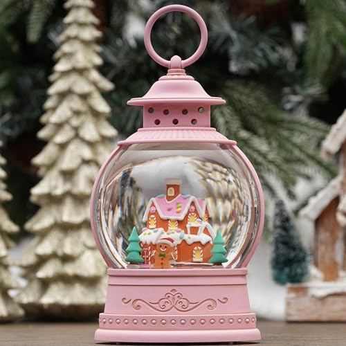 Pink Lantern Musical Snow Globe with Gingerbread House & Man - Christmas Decor - Ty- Gingerbread House