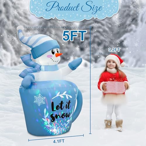 OurWarm 5FT Christmas Inflatable Snowman in Mug - Blue Snowman Yard Decor with Built-in LEDs & Blower