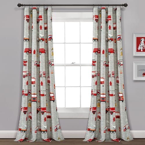 Lush Decor Fire Truck Window Curtain Panel, Pair, 52" W x 84" L, Red & Gray - Curtains for Kids Room