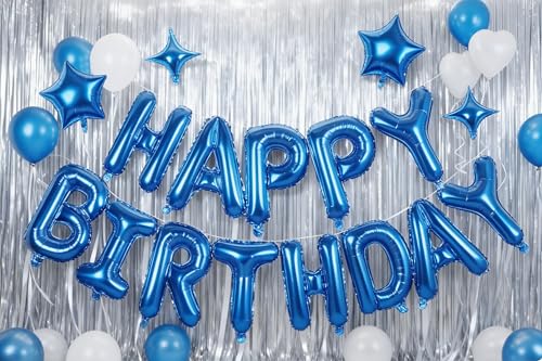 Blue Happy Birthday Balloons Banner Decoration Set - Mylar Foil