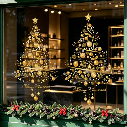 Golden Christmas Tree Window Cling Sticker for Glass - Reusable Holiday Decor