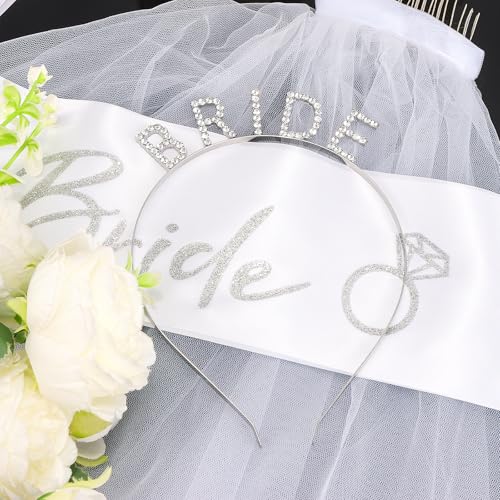 KICOSY Bride Headband, Satin Sash and Veil Set for Bachelorette Party