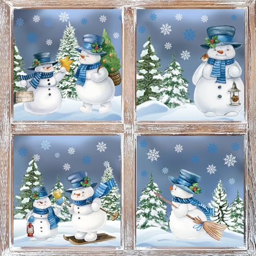 Winter Christmas Snowman Window Clings - Reusable Watercolor Holiday Decals for Home & Party