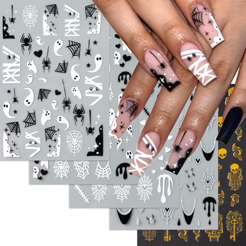 Halloween Nail Stickers 6 Sheets 3D Self-Adhesive Spider Web Decals