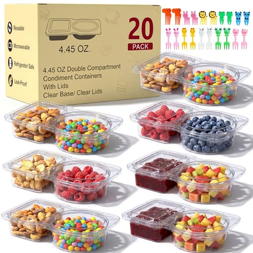 20 Pack Reusable Snack Containers with Lids & Forks, 3-Compartment Food Storage