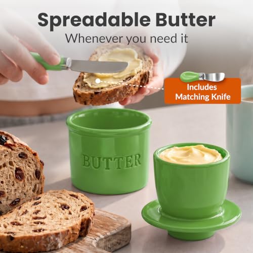 Green Butter Crock with Lid and Spreader Knife - Ceramic French Butter Dish