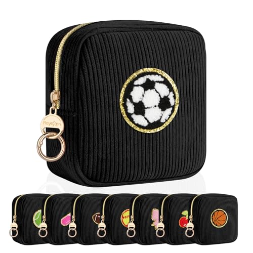 Personalized Corduroy Small Makeup Bag Portable Travel Toiletry Pouch Soccer