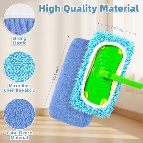 4 Pack Blue Reusable Mop Pads for Swiffer Sweeper (2 Chenille, 2 Coral Fleece)