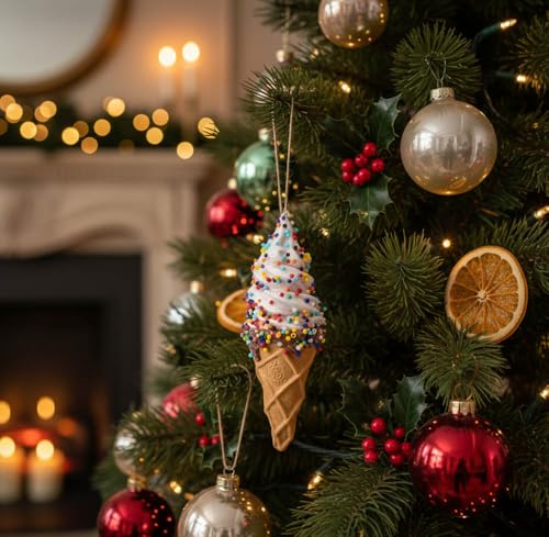 Set of 2 Whimsical Holiday Ice Cream Cone Ornaments - Fun Christmas Decor