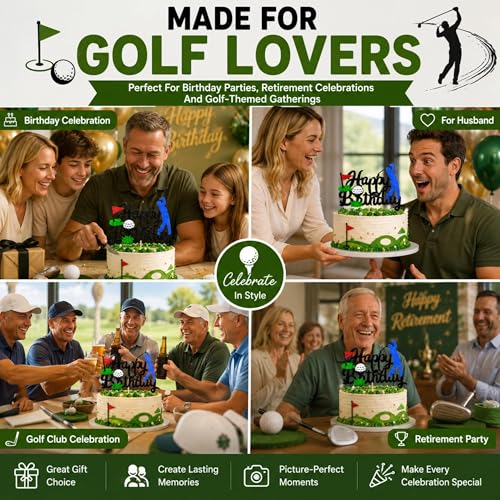 Golf-Themed Happy Birthday Cake Topper with Glitter Cardstock