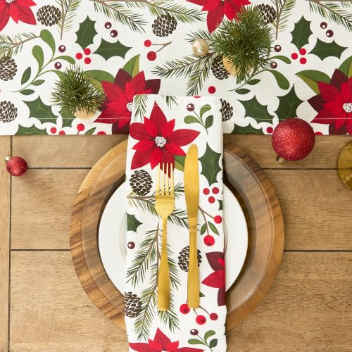 Christmas Holly Table Runner 14x72 Inches - Holiday Kitchen Decor - Poinsettia & Greenery