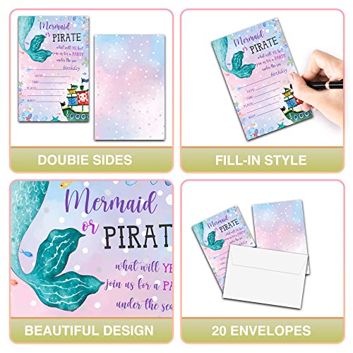 Mermaid Birthday Party Invitations with Envelopes, 20 Pack