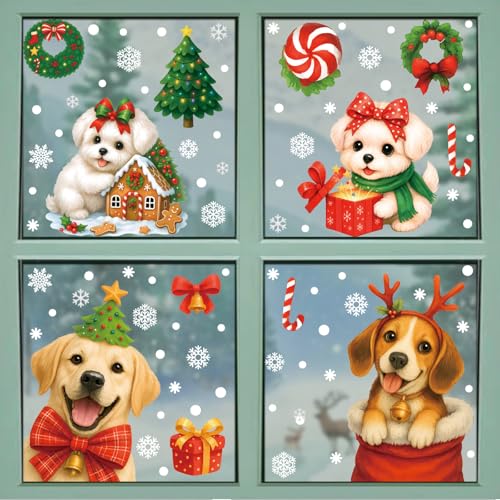 Christmas Window Clings Stickers - Dogs, Snowflakes, Xmas Tree Decorations - 9 Sheets Reusable Static Decals