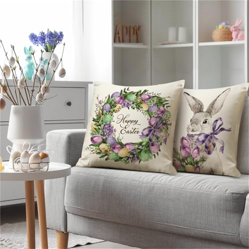 Easter Throw Pillow Covers 18x18 Set of 4, Spring Farmhouse Cushion Cases
