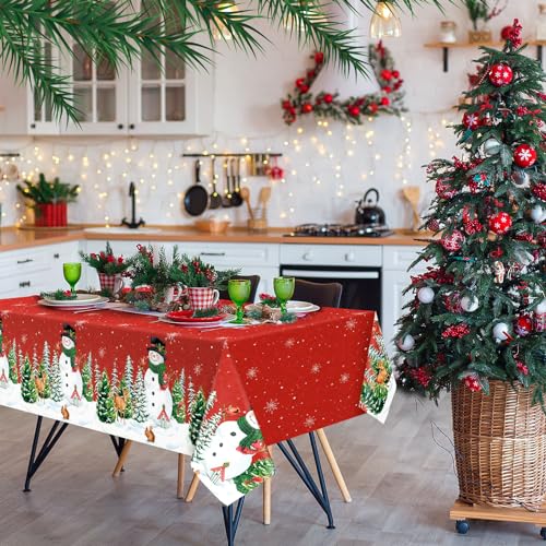 Peryiter Christmas Snowman Tablecloth Set - 2 Pieces 54x108 Inch Red Winter Table Cover
