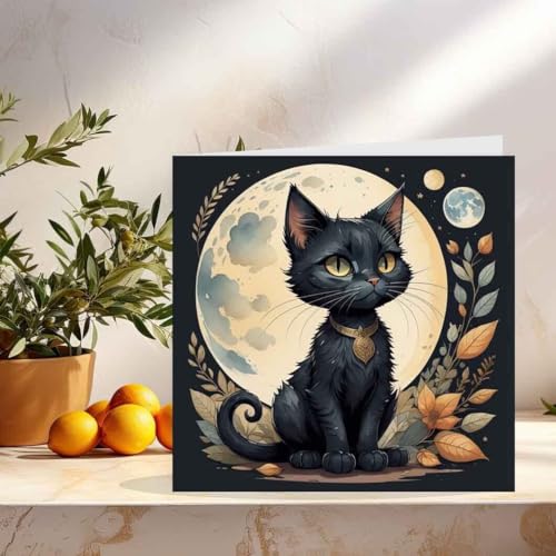 Cute Black Cat Moon Birthday Greeting Card - 145mm
