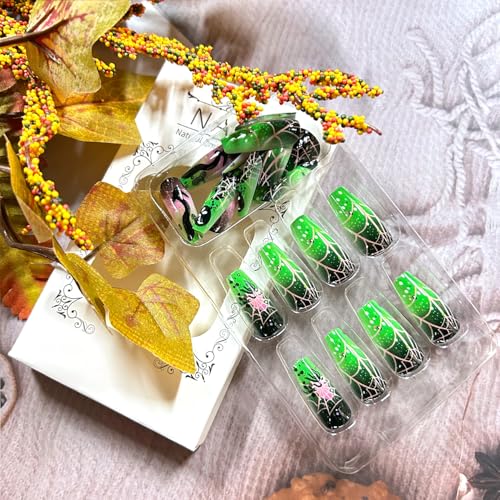 Halloween Press on Nails Medium Ballet Spider Web Glossy Green 24Pcs
