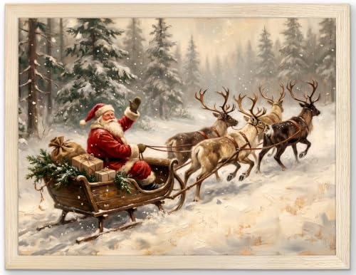 Unframed Vintage Santa Sleigh Wall Art Canvas Print - Christmas Reindeer Scene 14x11 Inches