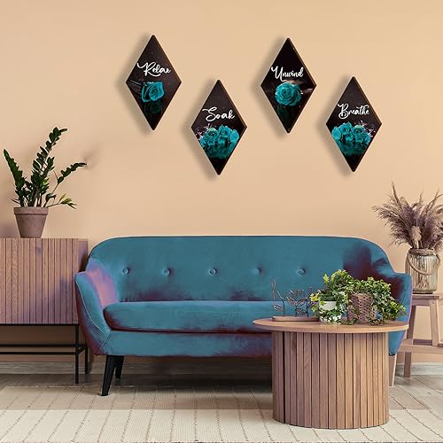ONIZHITY Set of 4 Teal Rose Wall Decor Signs - Breathe, Soak, Unwind, Relax