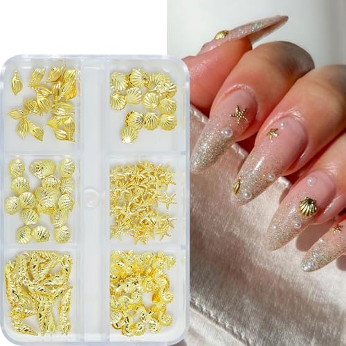3D Summer Ocean Gold Metal Nail Charms - Seashell Starfish Seahorse