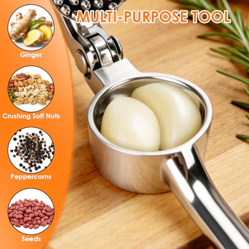 TACGEA Garlic Press Set with Peeler & Brush - Rust Proof, Heavy-Duty