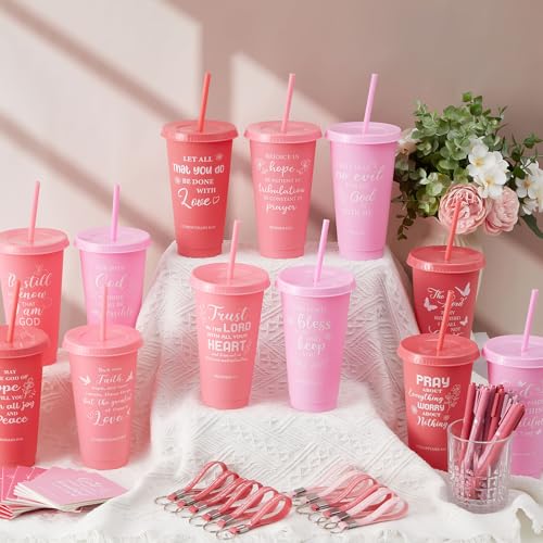 Christian Holiday Gift Set with Bible Verse Cups, Notebooks, Pens & Keychains - Gradient Pink, 12 Pieces