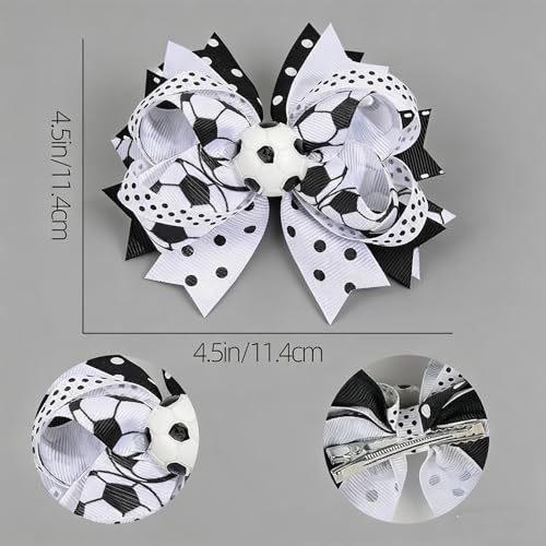 Soccer Hair Clips Black and White Ribbon Bows for Players and Fans