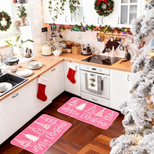 Pink Christmas Bathroom Rug 31.5x19.7 Inch Non-Slip Bath Mat with Xmas Tree Pattern
