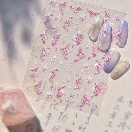 HORVEEN Holographic Floral Snake Nail Art Stickers Pink and White Decals
