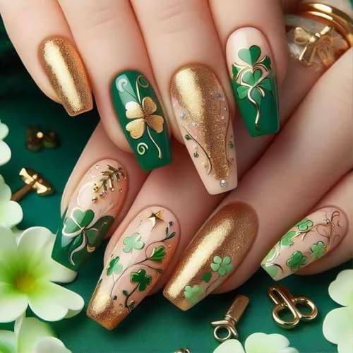 St. Patrick's Day Medium Coffin Press on Nails Green Gold Clover