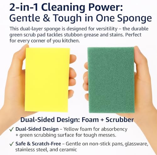 Double-Sided Kitchen Cleaning Sponges 10-Pack - Heavy-Duty Scrubbing & Soft Absorbent Sides, Non-Scratch