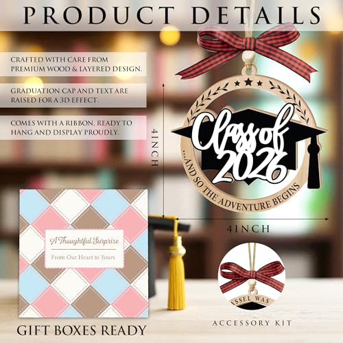 Graduation Ornament Class of 2026 with 'And So The Adventure Begins' - Wooden Car Decor