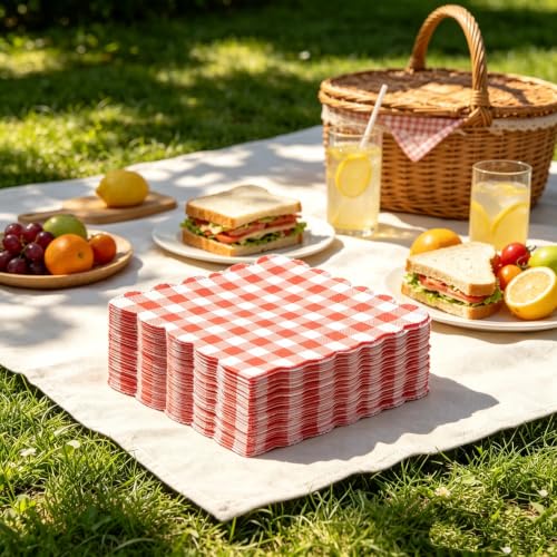 80 Pcs Red Gingham Scalloped Paper Napkins, 6.5 Inch Checkered Tableware
