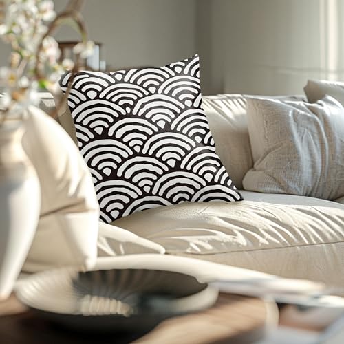 BILLAION Japanese Seigaiha Wave Throw Pillow Cover, 18x18 Black and White-01