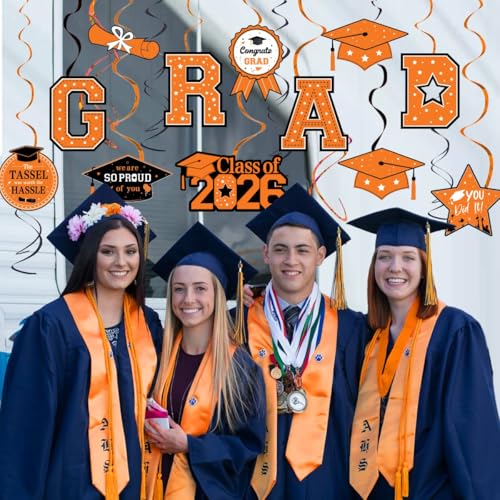 30 Orange & Black Graduation Swirls Decorations - Class of 2026