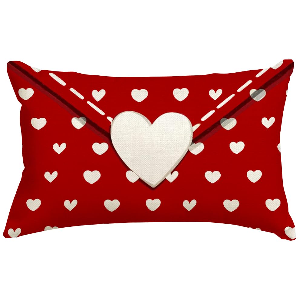 RABUSOFA Valentines Pillow Covers 12x20 inch Valentines Day Decoration Red Love Heart Anniversary Wedding Lumbar Throw Pillowcase for Couch Home Decor Red