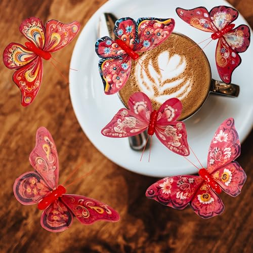 Artificial Feather Butterfly Decorations Set of 12 with Clip - Red Series for Christmas Tree F Clip