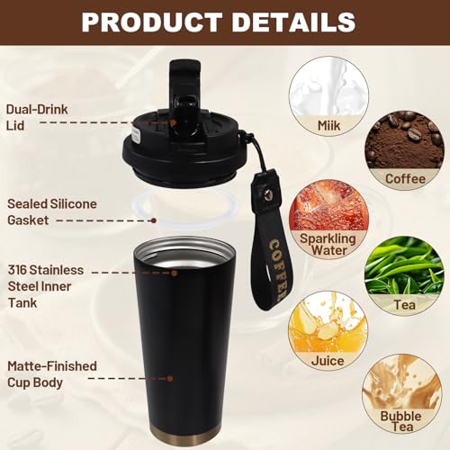 DITOSH 17.9oz Insulated Travel Coffee Mug, 316 Stainless Steel, Black