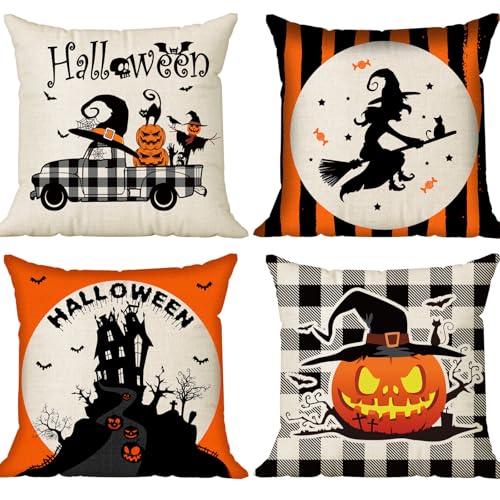 CREATRILL Halloween Throw Pillow Covers 18x18, Set of 4 Farmhouse Decor