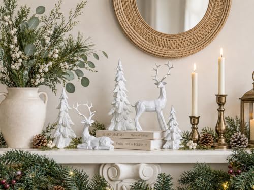 White Christmas Reindeer Decor Set - Resin Woodland Holiday Figurines & Trees