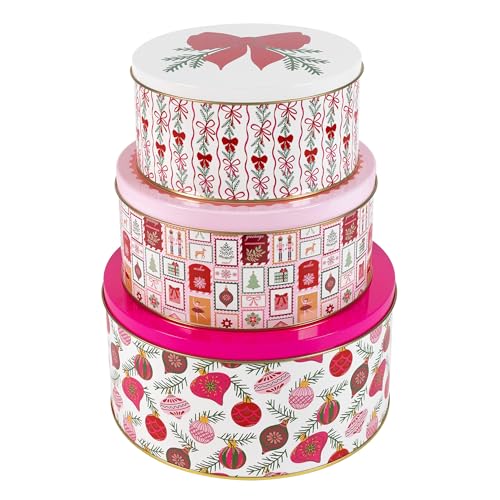 Martha Stewart Metal Cookie Tins, 3-Piece Nesting Set, Small, Medium & Large, Christmas Containers for Gift & Storage (Ornaments and Bows)