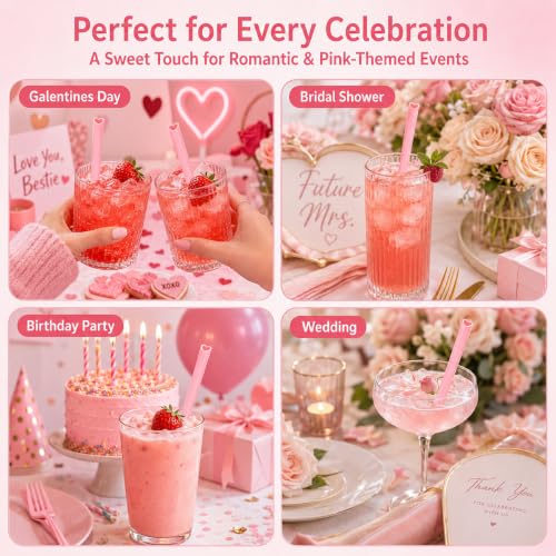 120PCS Heart Shaped Pink Straws - Individually Wrapped Disposable Straws for Parties