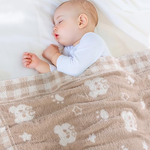 Checkered Beige Teddy Bear Baby Blanket 30x40 Inch Soft Knitted Plush Nursery Throw