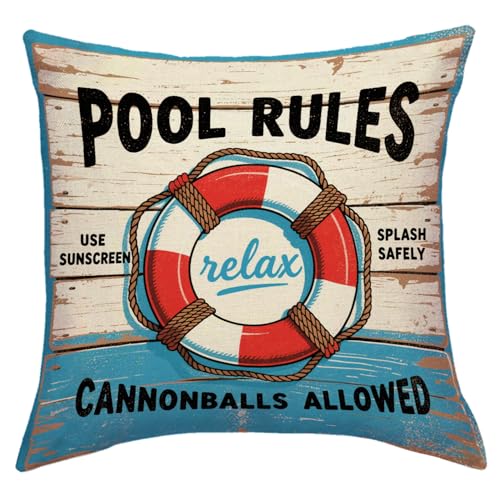 Pool Rules Decorative Throw Pillow Cover 18x18 Inch Nautical Design