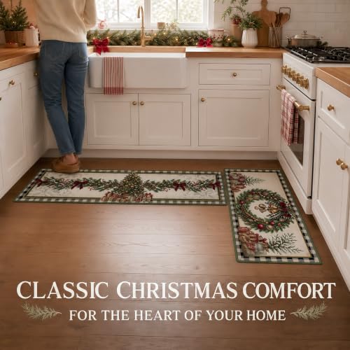 Christmas Kitchen Mat Set of 2 Non Slip Wreath & Tree Rugs - Wreath Christmas Tree Variation