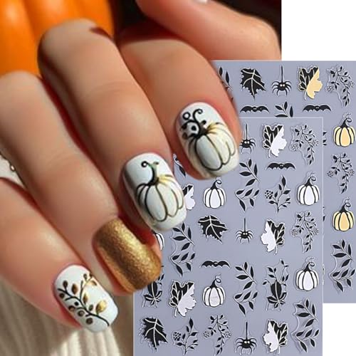 Sutaozhi 5Pcs Fall & Halloween Nail Art Stickers 3D Self-Adhesive Pumpkin Maple Leaf Decals